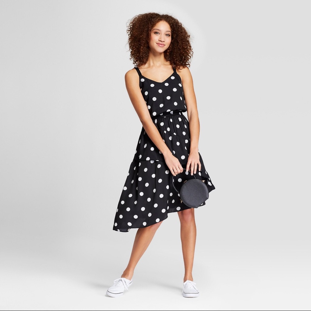 Polka Dot Sleeveless Ruffle Skirt Dress - Black